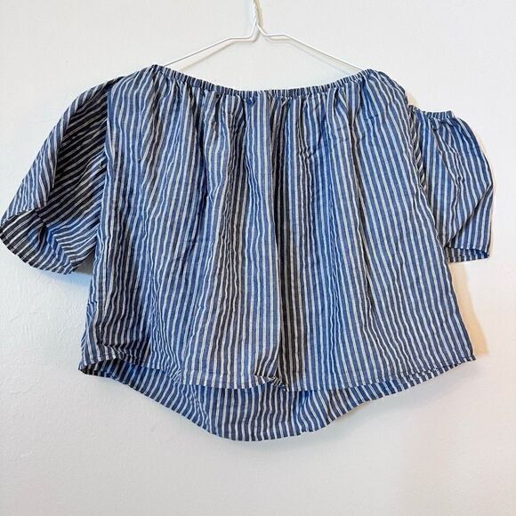 Love In Women's Off Cold Shoulder Blouse Pinstripes Blouse Blue White Medium - Picture 2 of 3